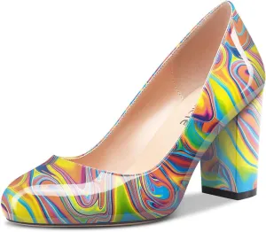 Castamere Women's High Heels Round Toe Slip-On Pumps Block Heel 8CM
