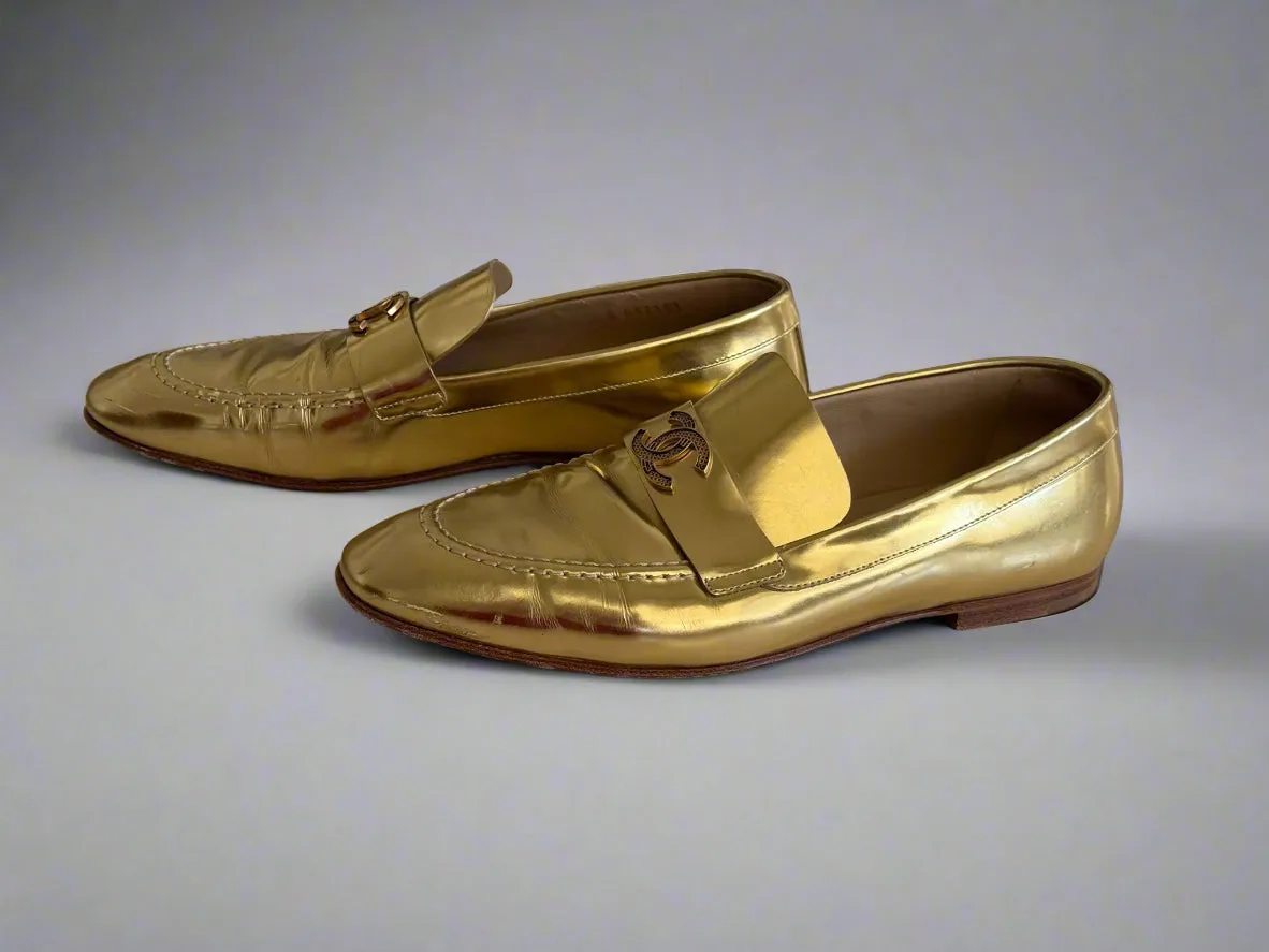 Chanel Metallic Gold Loafers – Size 38.5, Made in Italy | Iconic Luxury Shoes