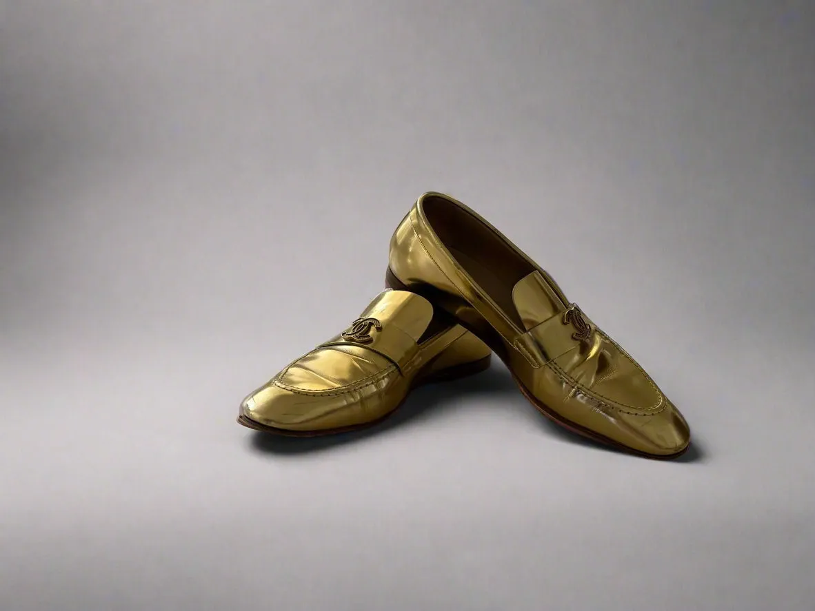 Chanel Metallic Gold Loafers – Size 38.5, Made in Italy | Iconic Luxury Shoes