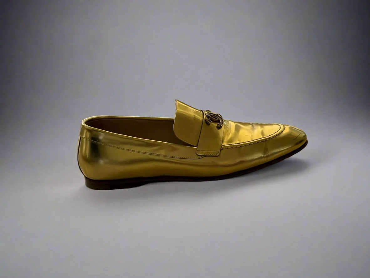 Chanel Metallic Gold Loafers – Size 38.5, Made in Italy | Iconic Luxury Shoes