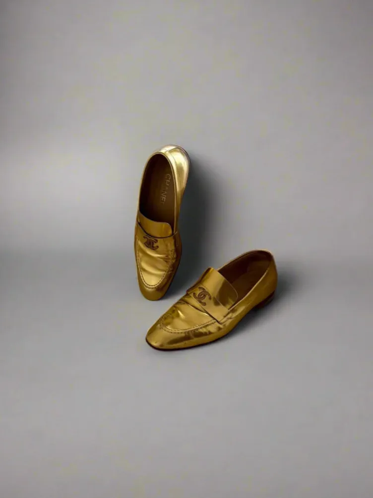 Chanel Metallic Gold Loafers – Size 38.5, Made in Italy | Iconic Luxury Shoes