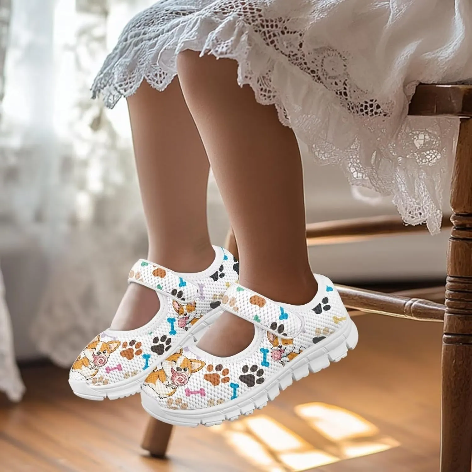 chaqlin Dog Girls Dress Shoes Mary Jane Running Athletic Shoes Lightweight Barefoot Flat Breathable Mesh for Outdoor Indoor