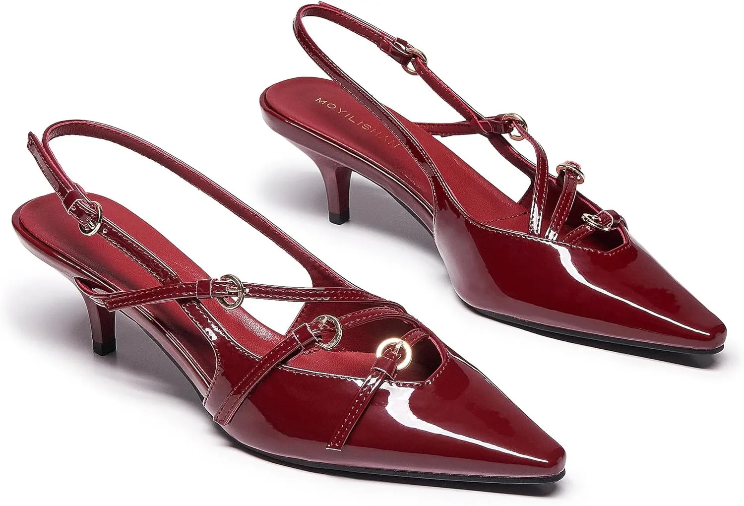Cherry Red Heels for Women Closed Pointed Toe Slingback Pumps Buckled Strap Kitten Heel Dress Heeled Shoes