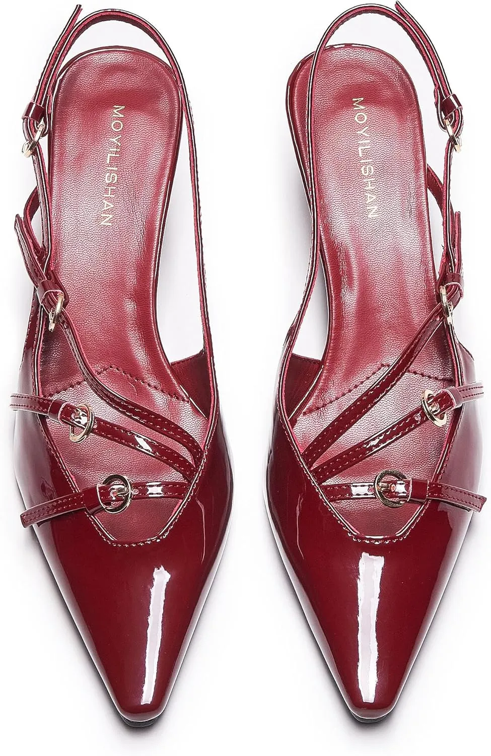 Cherry Red Heels for Women Closed Pointed Toe Slingback Pumps Buckled Strap Kitten Heel Dress Heeled Shoes