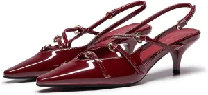 Cherry Red Heels for Women Closed Pointed Toe Slingback Pumps Buckled Strap Kitten Heel Dress Heeled Shoes