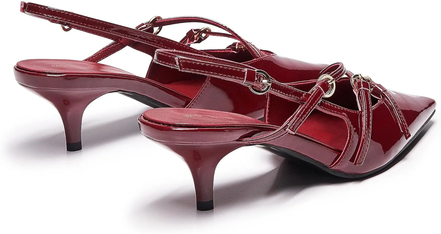 Cherry Red Heels for Women Closed Pointed Toe Slingback Pumps Buckled Strap Kitten Heel Dress Heeled Shoes