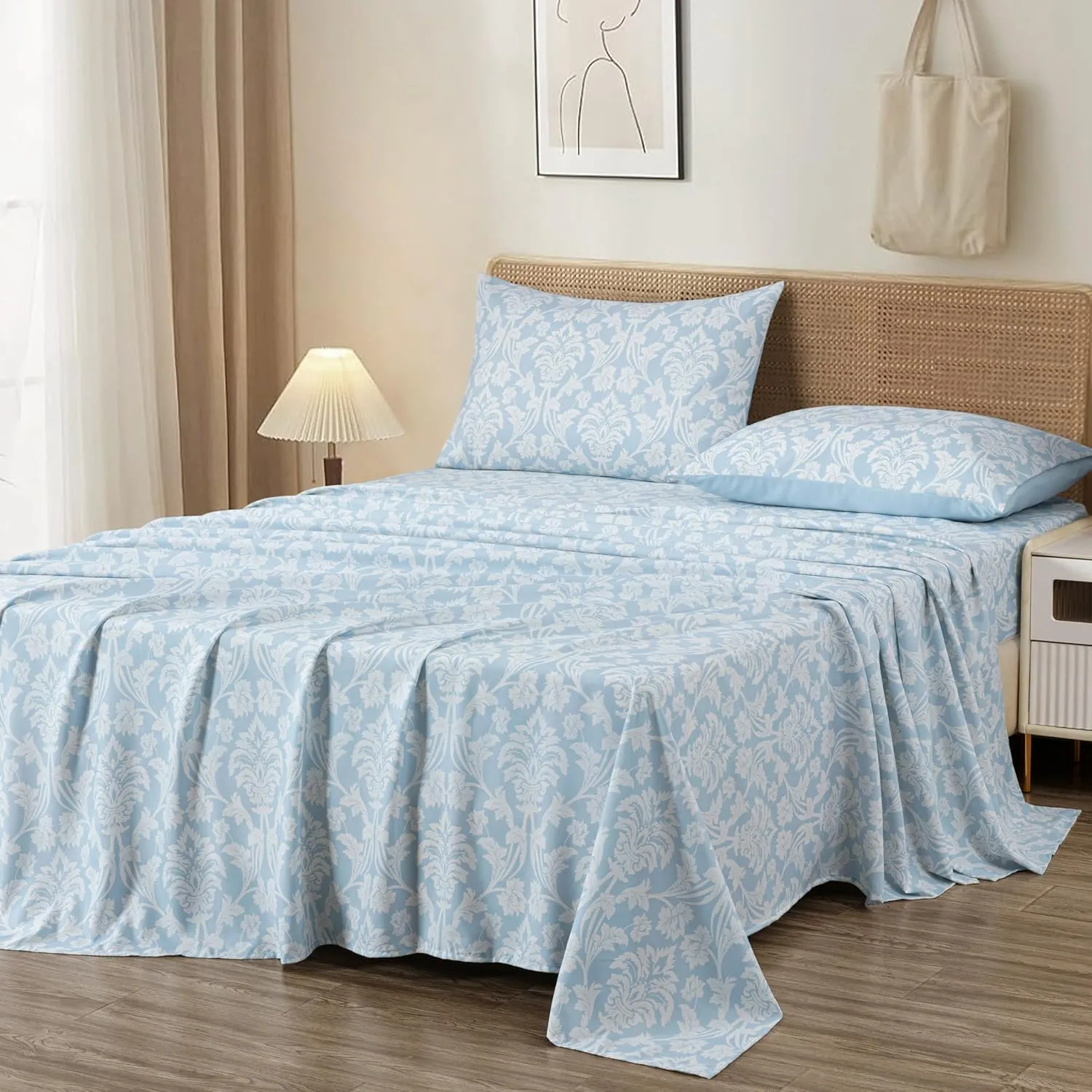 Chezmoi Collection 4-Piece Ivy Floral Medallion Bed Sheet Set, Full Size - Blue/White Floral Printed Microfiber Soft Breathable Deep Pocket Sheets and Pillowcases Set