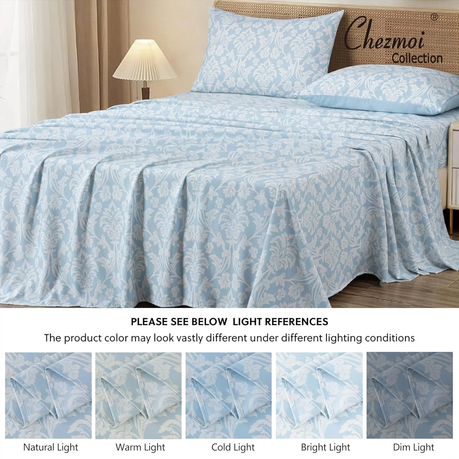 Chezmoi Collection 4-Piece Ivy Floral Medallion Bed Sheet Set, Full Size - Blue/White Floral Printed Microfiber Soft Breathable Deep Pocket Sheets and Pillowcases Set