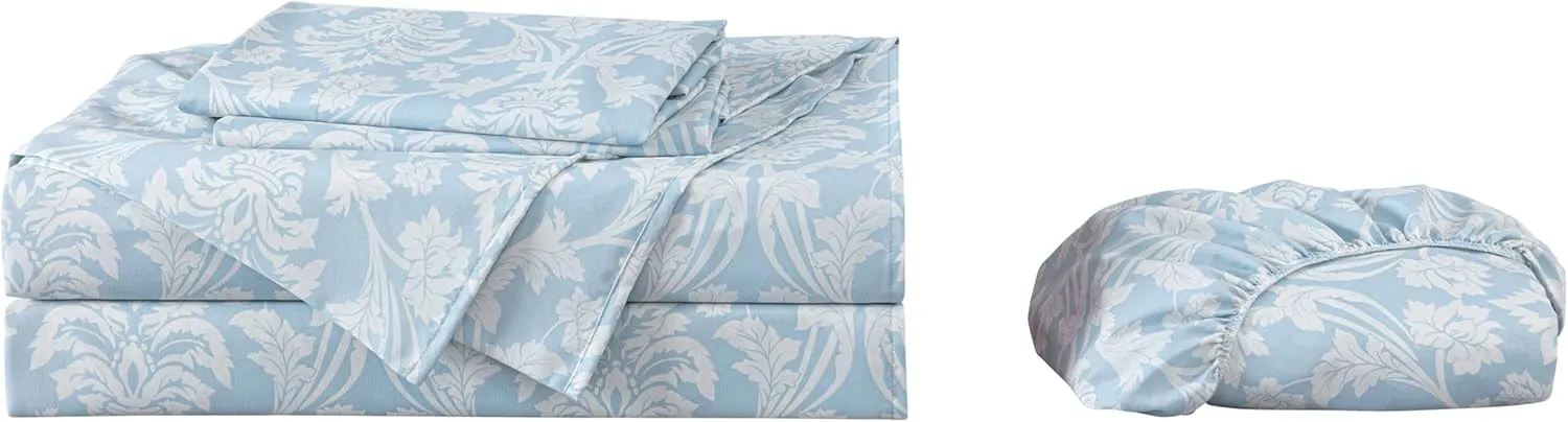 Chezmoi Collection 4-Piece Ivy Floral Medallion Bed Sheet Set, Full Size - Blue/White Floral Printed Microfiber Soft Breathable Deep Pocket Sheets and Pillowcases Set