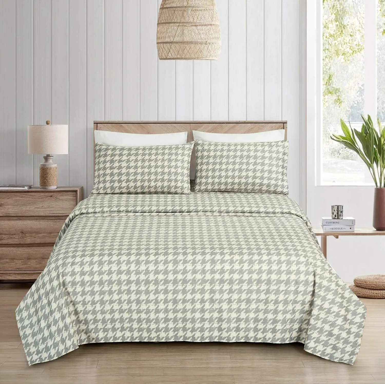 Chezmoi Collection 4-Piece Lodge Plaid Sheet Set Full - Gray Houndstooth Printed Brushed Microfiber Lightweight Breathable Deep Pocket Bed Sheets