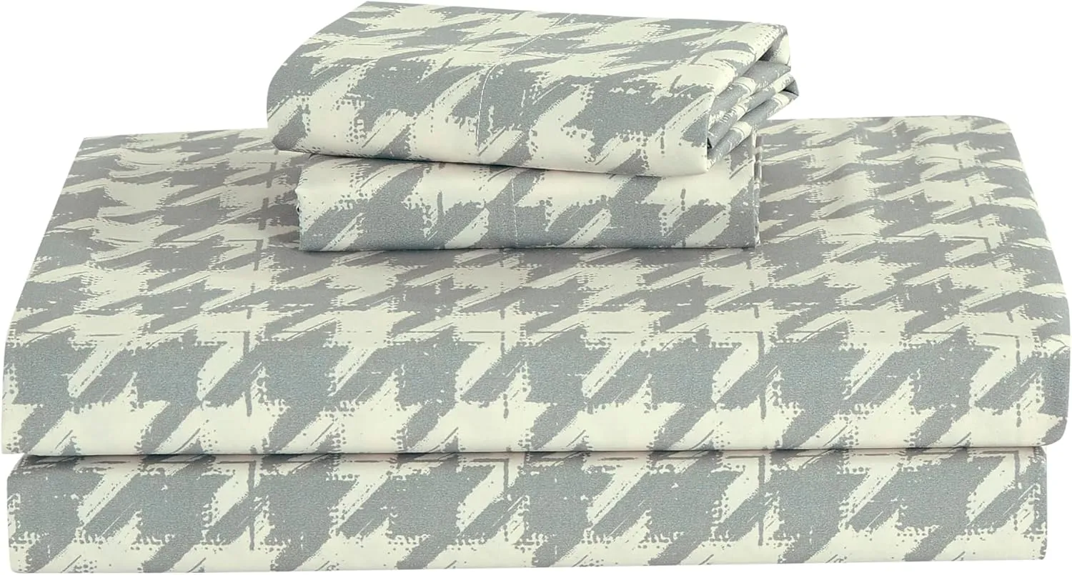 Chezmoi Collection 4-Piece Lodge Plaid Sheet Set Full - Gray Houndstooth Printed Brushed Microfiber Lightweight Breathable Deep Pocket Bed Sheets
