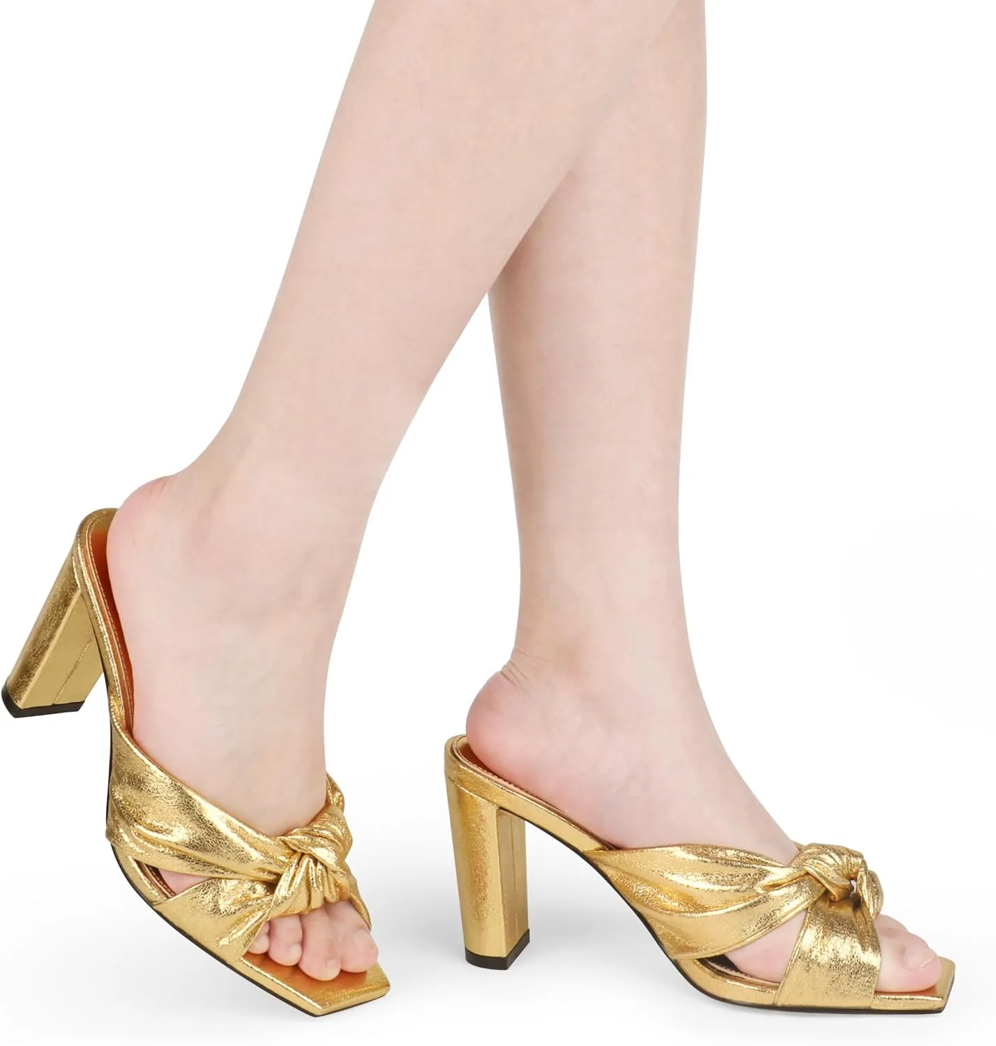 COLETER Women's Chunky Heeled Mules Bow Knot Square Toe Sandals Summer Evening Party Shoes