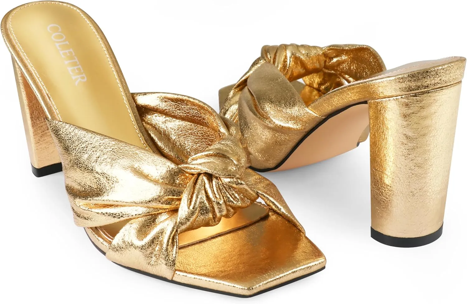 COLETER Women's Chunky Heeled Mules Bow Knot Square Toe Sandals Summer Evening Party Shoes