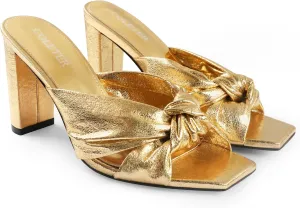 COLETER Women's Chunky Heeled Mules Bow Knot Square Toe Sandals Summer Evening Party Shoes