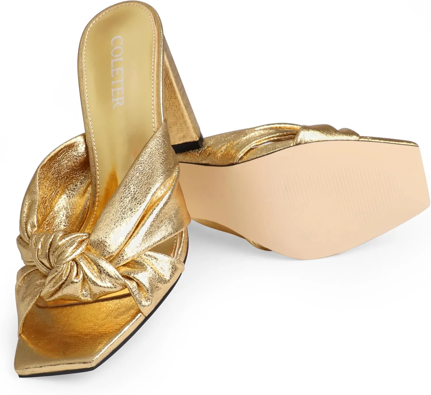 COLETER Women's Chunky Heeled Mules Bow Knot Square Toe Sandals Summer Evening Party Shoes