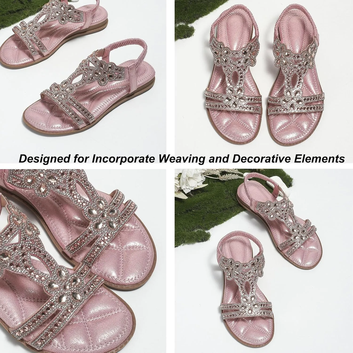 Commsmarket-Chic Floral Rhinestone Flat Sandals, Flat Sandals with Rhinestones for Women, Plus Size Cool Sandals Shui Zuan Women's Summer Slope
