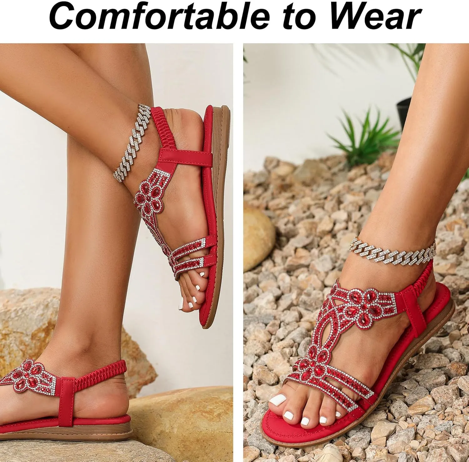 Commsmarket-Chic Floral Rhinestone Flat Sandals, Flat Sandals with Rhinestones for Women, Plus Size Cool Sandals Shui Zuan Women's Summer Slope