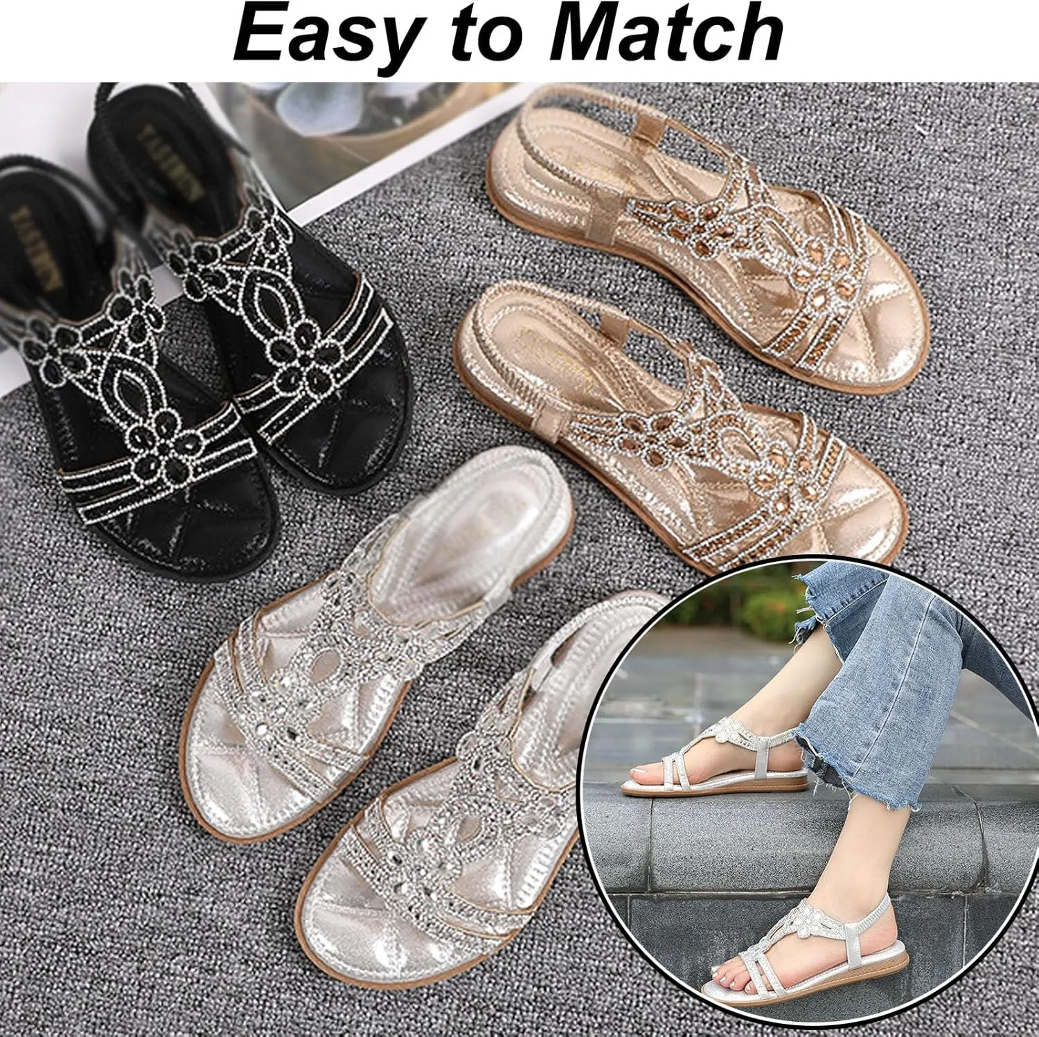 Commsmarket-Chic Floral Rhinestone Flat Sandals, Flat Sandals with Rhinestones for Women, Plus Size Cool Sandals Shui Zuan Women's Summer Slope