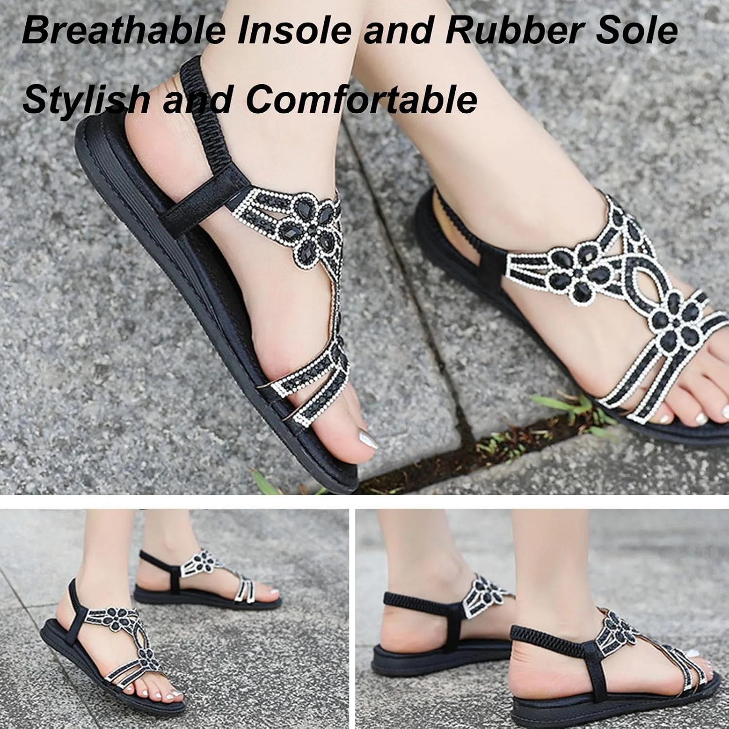 Commsmarket-Chic Floral Rhinestone Flat Sandals, Flat Sandals with Rhinestones for Women, Plus Size Cool Sandals Shui Zuan Women's Summer Slope