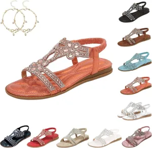 Commsmarket-Chic Floral Rhinestone Flat Sandals, Flat Sandals with Rhinestones for Women, Plus Size Cool Sandals Shui Zuan Women's Summer Slope