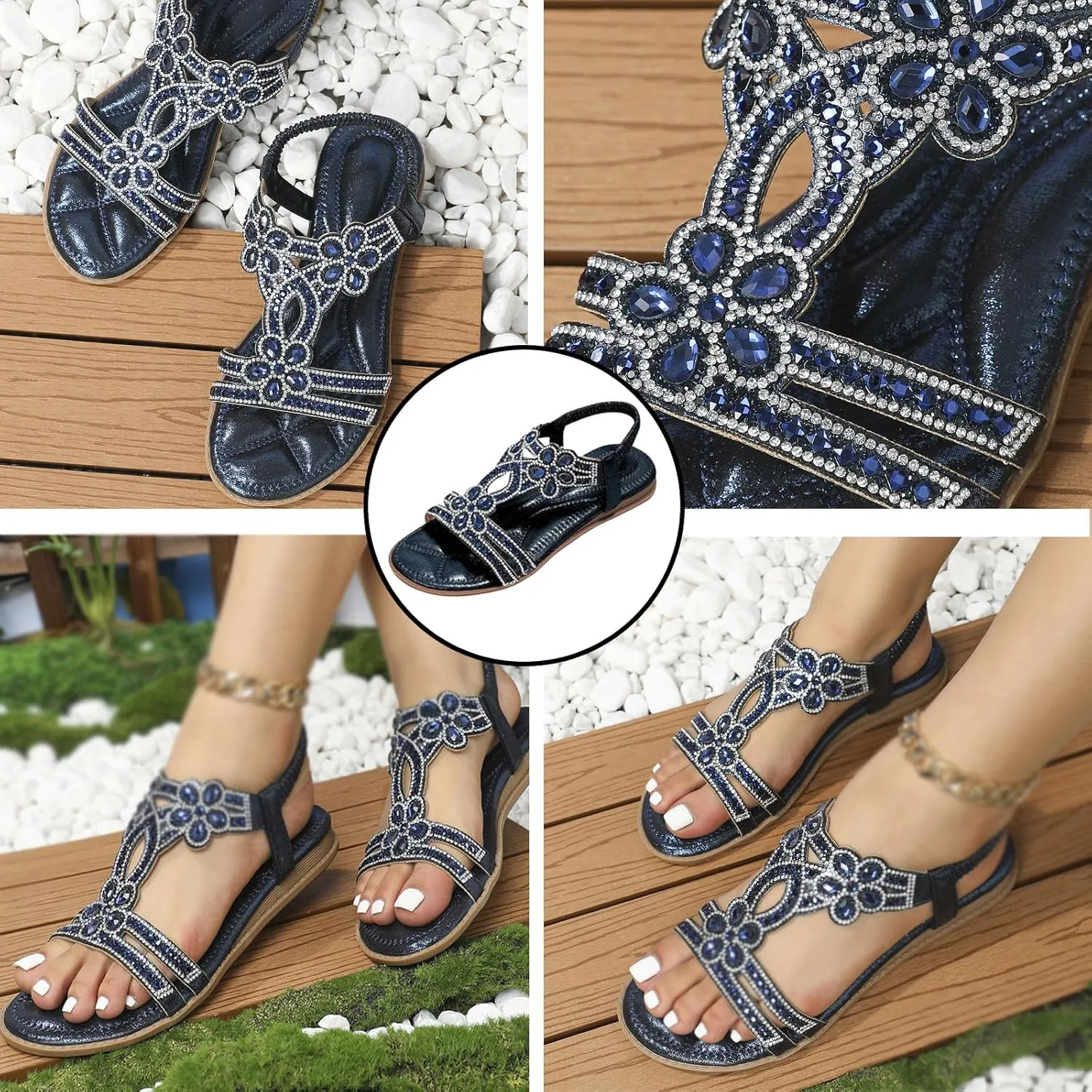 Commsmarket-Chic Floral Rhinestone Flat Sandals, Flat Sandals with Rhinestones for Women, Plus Size Cool Sandals Shui Zuan Women's Summer Slope