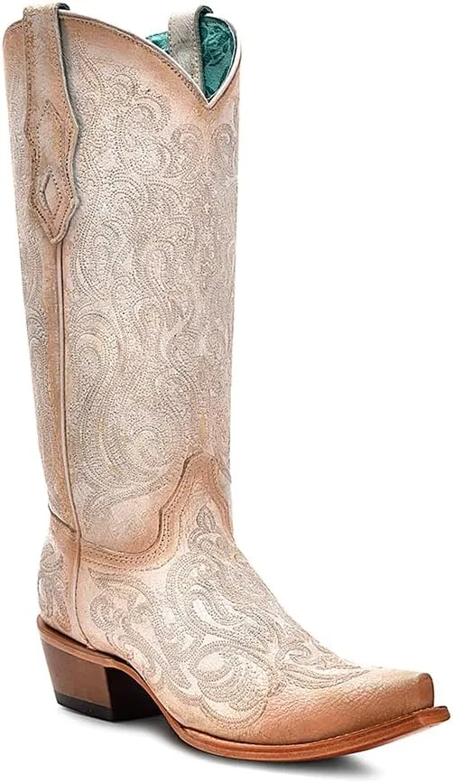 CORRAL LADIE'S CRACKLED WHITE-PINK LUMINISCENT EMBROIDERY, LEATHER SOLE, COWHIDE LEATHER, WESTERN BOOTS, C4143