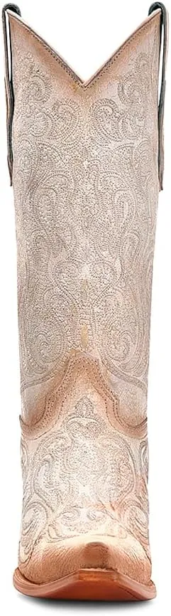 CORRAL LADIE'S CRACKLED WHITE-PINK LUMINISCENT EMBROIDERY, LEATHER SOLE, COWHIDE LEATHER, WESTERN BOOTS, C4143