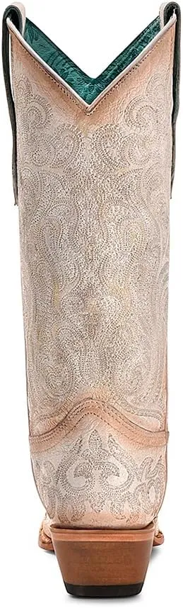 CORRAL LADIE'S CRACKLED WHITE-PINK LUMINISCENT EMBROIDERY, LEATHER SOLE, COWHIDE LEATHER, WESTERN BOOTS, C4143
