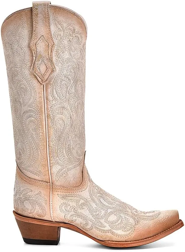 CORRAL LADIE'S CRACKLED WHITE-PINK LUMINISCENT EMBROIDERY, LEATHER SOLE, COWHIDE LEATHER, WESTERN BOOTS, C4143