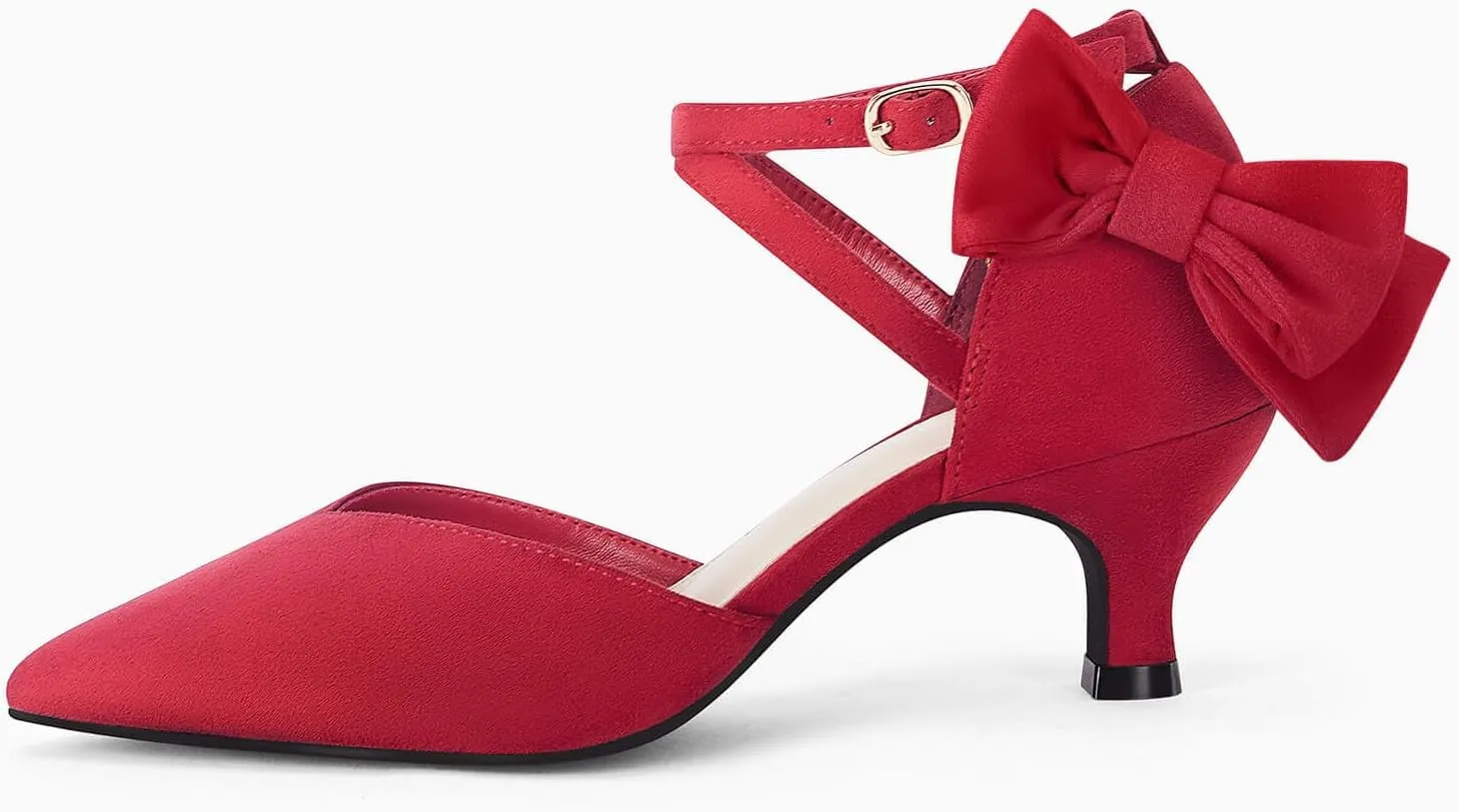 Coutgo Womens Low Kitten Heel Bow Heels Dress Shoes Closed Pointed Toe Ankle Strap Elegant Wedding Party Pumps