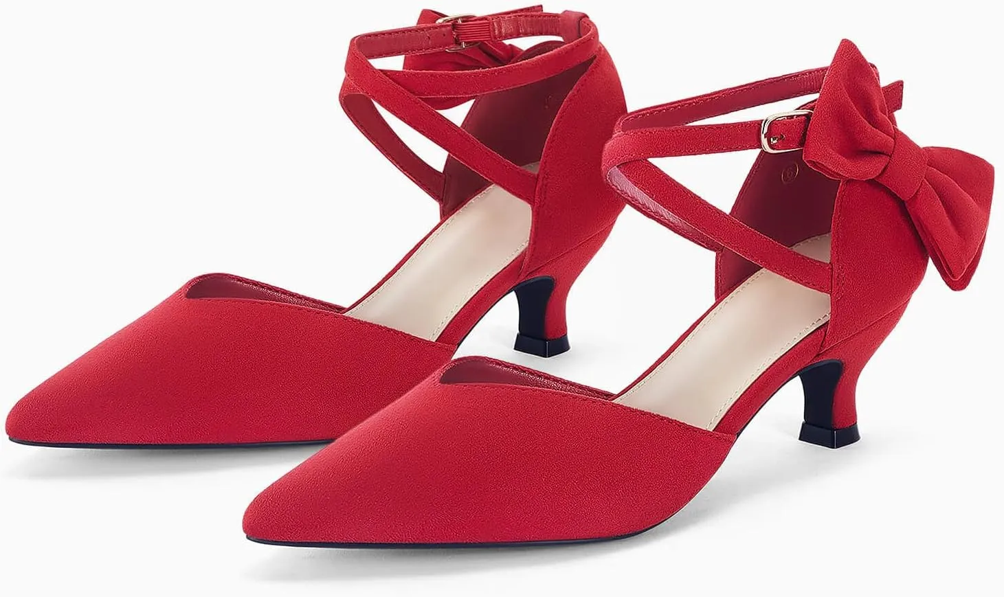 Coutgo Womens Low Kitten Heel Bow Heels Dress Shoes Closed Pointed Toe Ankle Strap Elegant Wedding Party Pumps