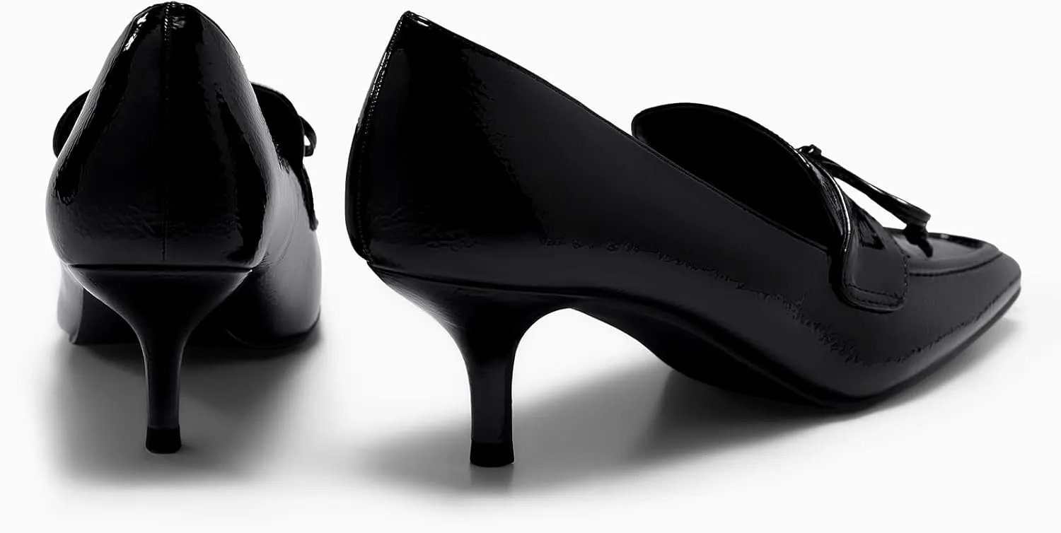 Coutgo Womens Low Kitten Heels Dress Shoes Closed Square Toe Slip on Elegant Office Party Pumps with Bow