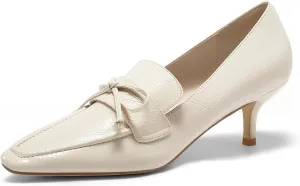 Coutgo Womens Low Kitten Heels Dress Shoes Closed Square Toe Slip on Elegant Office Party Pumps with Bow