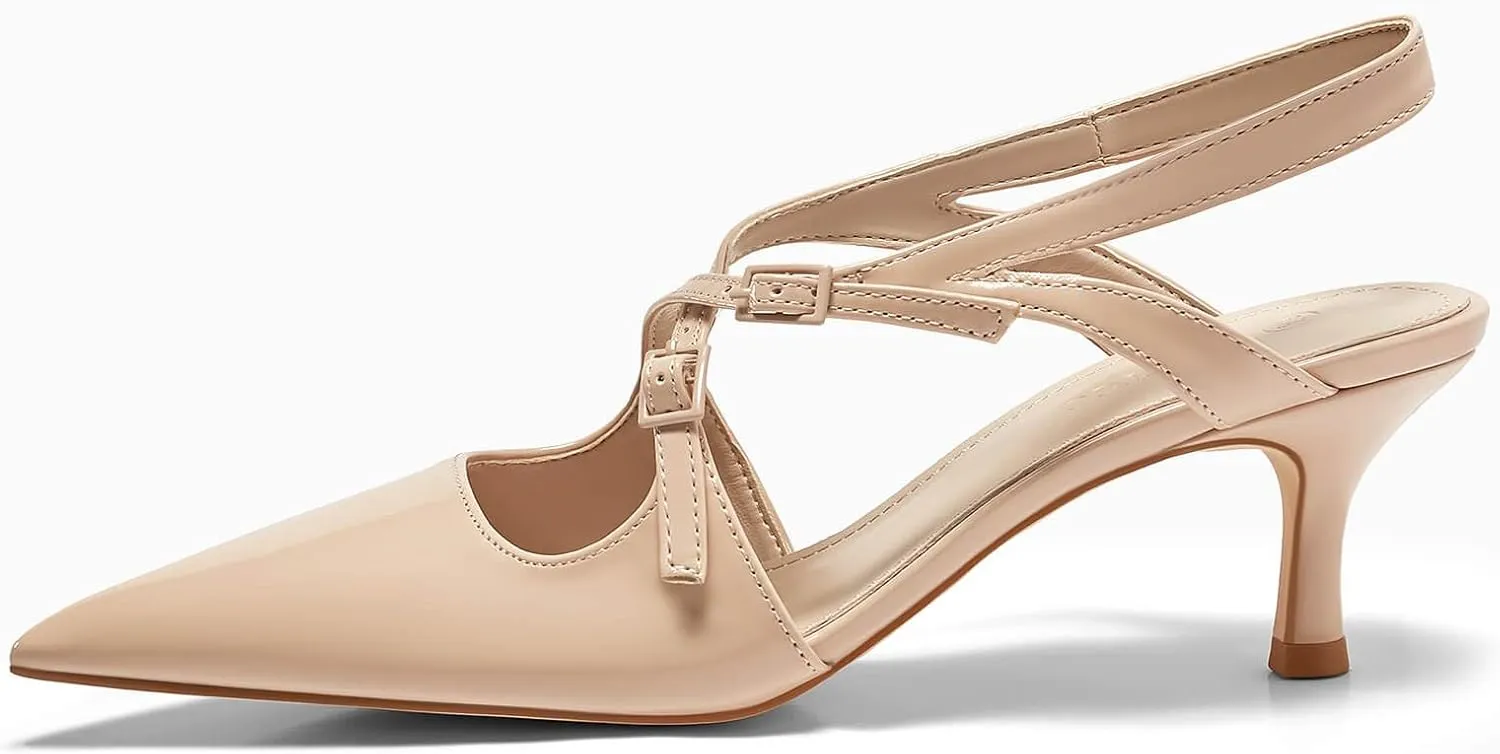Coutgo Womens Slingback Kitten Heels Pointed Toe Criss Cross Pumps Buckle Office Dress Shoes