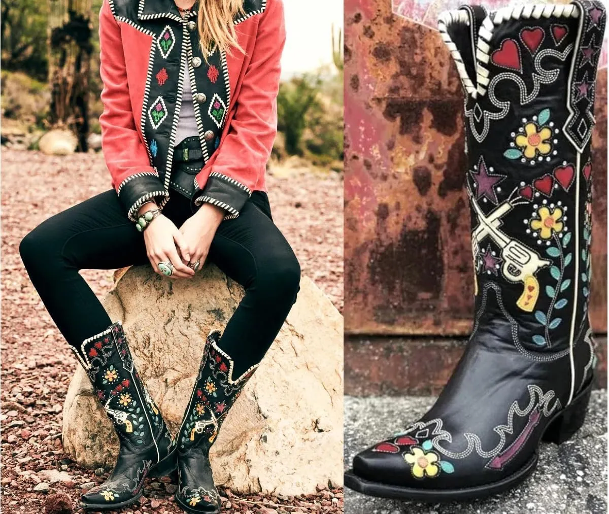 Cowboy Boots For Women, Cute Bluebonnet Floral Embroidered Fashion Country Boots Pointed Toe Chunky Heel Wide Calf Fancy Comfortable Pu Leather, Cowgirl Boots