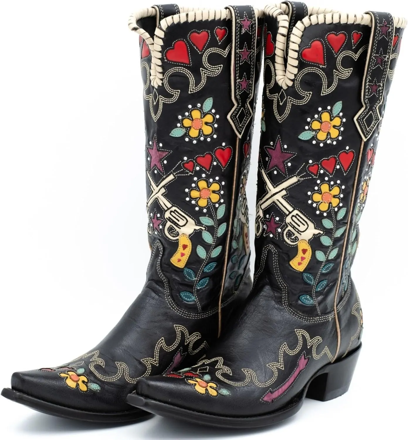 Cowboy Boots For Women, Cute Bluebonnet Floral Embroidered Fashion Country Boots Pointed Toe Chunky Heel Wide Calf Fancy Comfortable Pu Leather, Cowgirl Boots