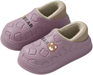 Cozy Cartoon Bear Plush-Lined Slippers for Women - Waterproof, Fashionable Indoor Home Shoes with Soft EVA Sole