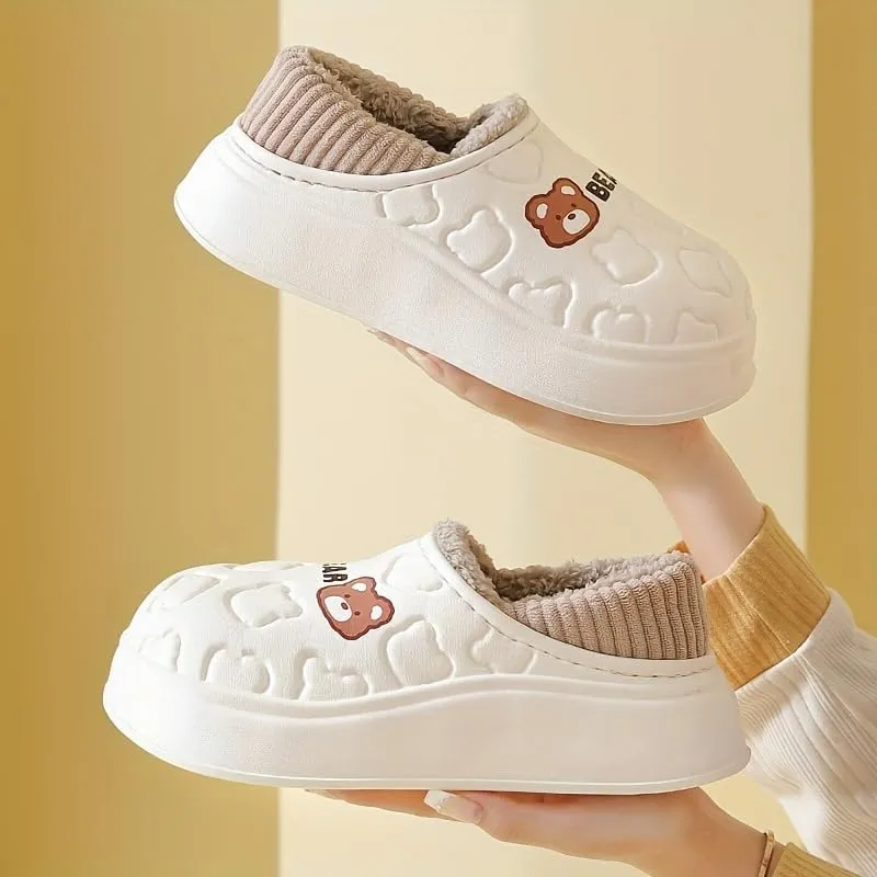Cozy Cartoon Bear Plush-Lined Slippers for Women - Waterproof, Fashionable Indoor Home Shoes with Soft EVA Sole