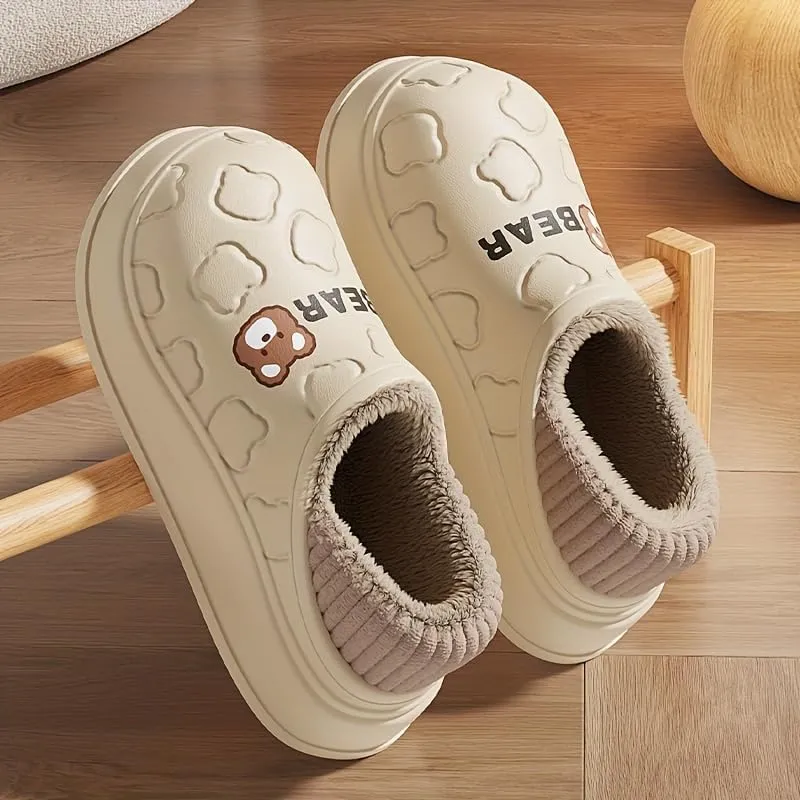 Cozy Cartoon Bear Plush-Lined Slippers for Women - Waterproof, Fashionable Indoor Home Shoes with Soft EVA Sole