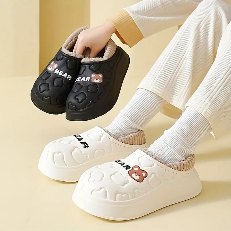 Cozy Cartoon Bear Plush-Lined Slippers for Women - Waterproof, Fashionable Indoor Home Shoes with Soft EVA Sole
