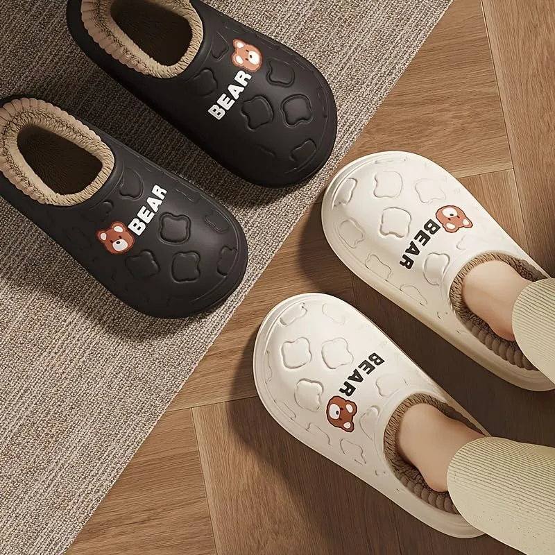 Cozy Cartoon Bear Plush-Lined Slippers for Women - Waterproof, Fashionable Indoor Home Shoes with Soft EVA Sole