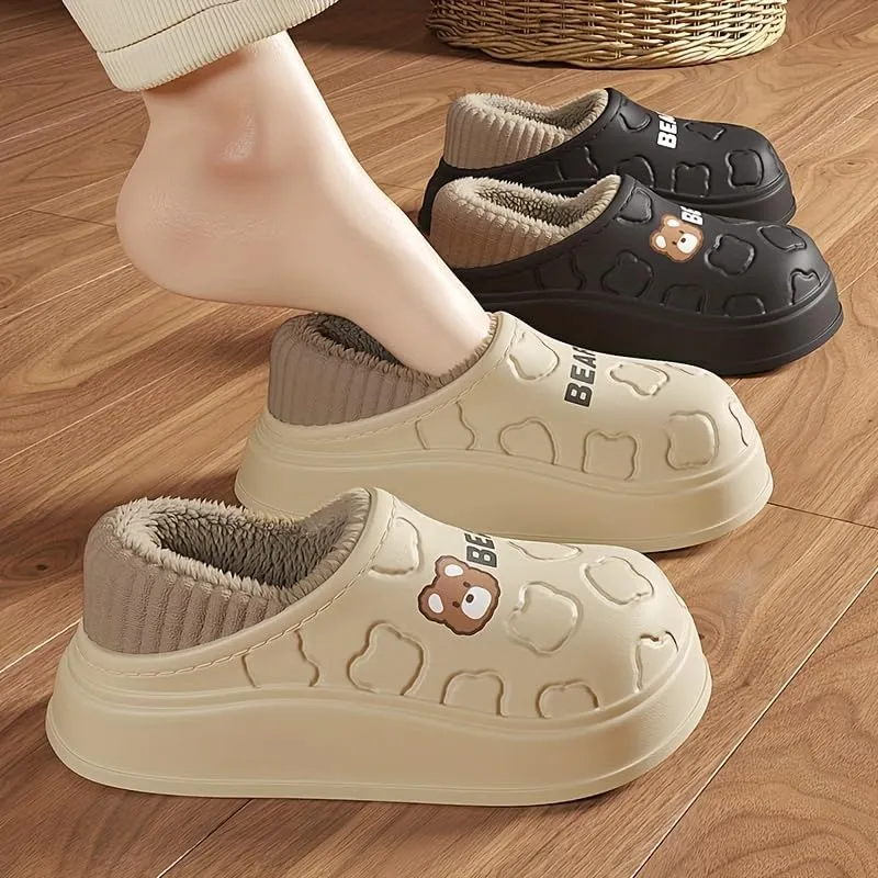 Cozy Cartoon Bear Plush-Lined Slippers for Women - Waterproof, Fashionable Indoor Home Shoes with Soft EVA Sole