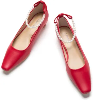 C.Paravano Ladies' Chunky Low Heel Pearl Ankle Strap Women's Square Toe Pumps Closed Toe Low Heel Pumps Bridal Wedding Shoes 1.1in Heels（Red，7.5）