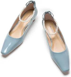 C.Paravano Ladies' Chunky Low Heel Pearl Ankle Strap Women's Square Toe Pumps Closed Toe Low Heel Pumps Bridal Wedding Shoes 1.1in Heels（Sky，7.5）