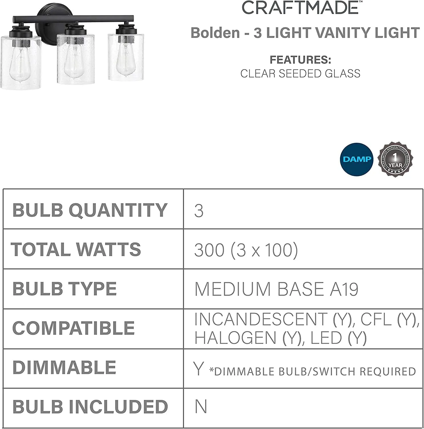 Craftmade 50503-FB Bolden Clear Seeded Glass Vanity Bath Lighting, 3-Light 300 Watts, Flat Black