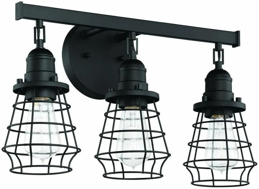 Craftmade 50603-FB Thatcher Vintage Industrial Metal Wire Cage Vanity Bath Lighting, 3-Light 300 Watts, Flat Black