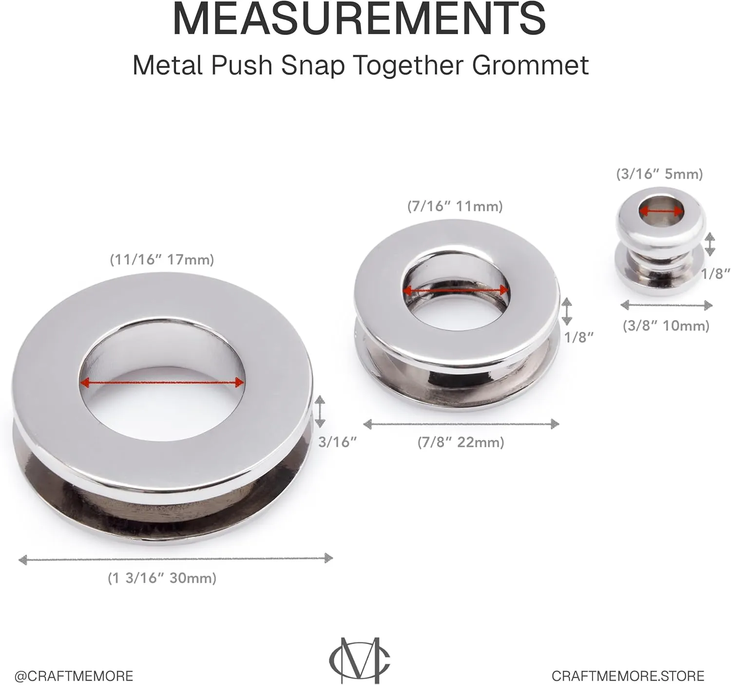 CRAFTMEMORE Metal Push Snap Together Grommet Flat Surface Snap Rings Eyelet O-Rings Purse Loop Easy Installation Pack of 4 (11mm (7/16"), Silver)