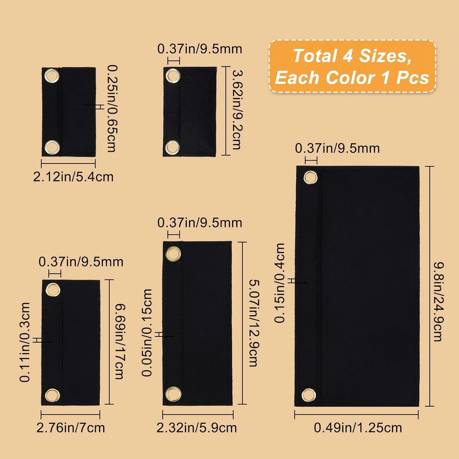 CREATCABIN 4Pcs 4 Sizes Mini Black Purse Felt Insert Organizer Wool Tote Bag Organizer with Eyelet Bag Classic Inner Pocket Storage for Envelope Handbag Travel Bag Cosmetic Bag 5.4~9.9 x 9.2~24.9cm