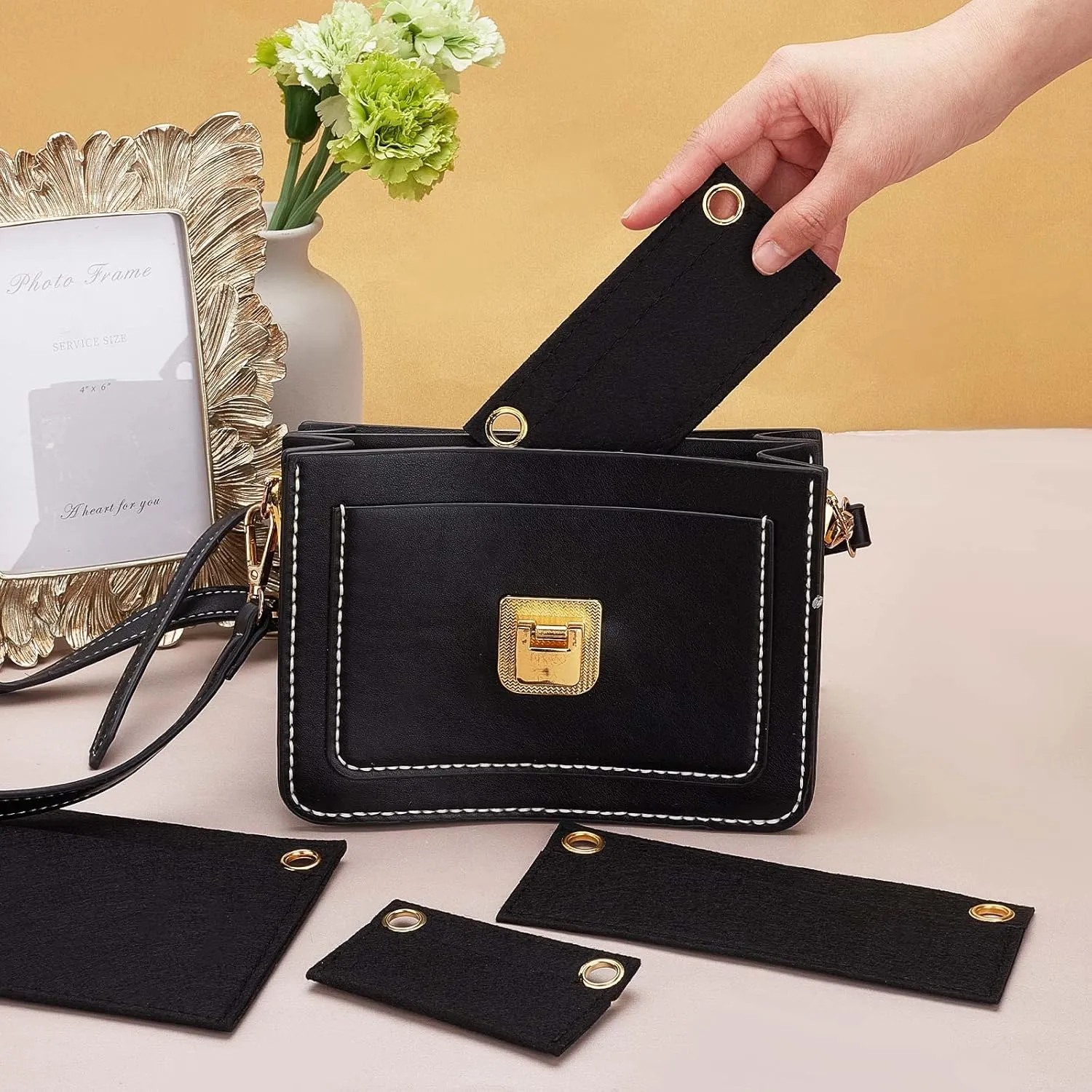 CREATCABIN 4Pcs 4 Sizes Mini Black Purse Felt Insert Organizer Wool Tote Bag Organizer with Eyelet Bag Classic Inner Pocket Storage for Envelope Handbag Travel Bag Cosmetic Bag 5.4~9.9 x 9.2~24.9cm