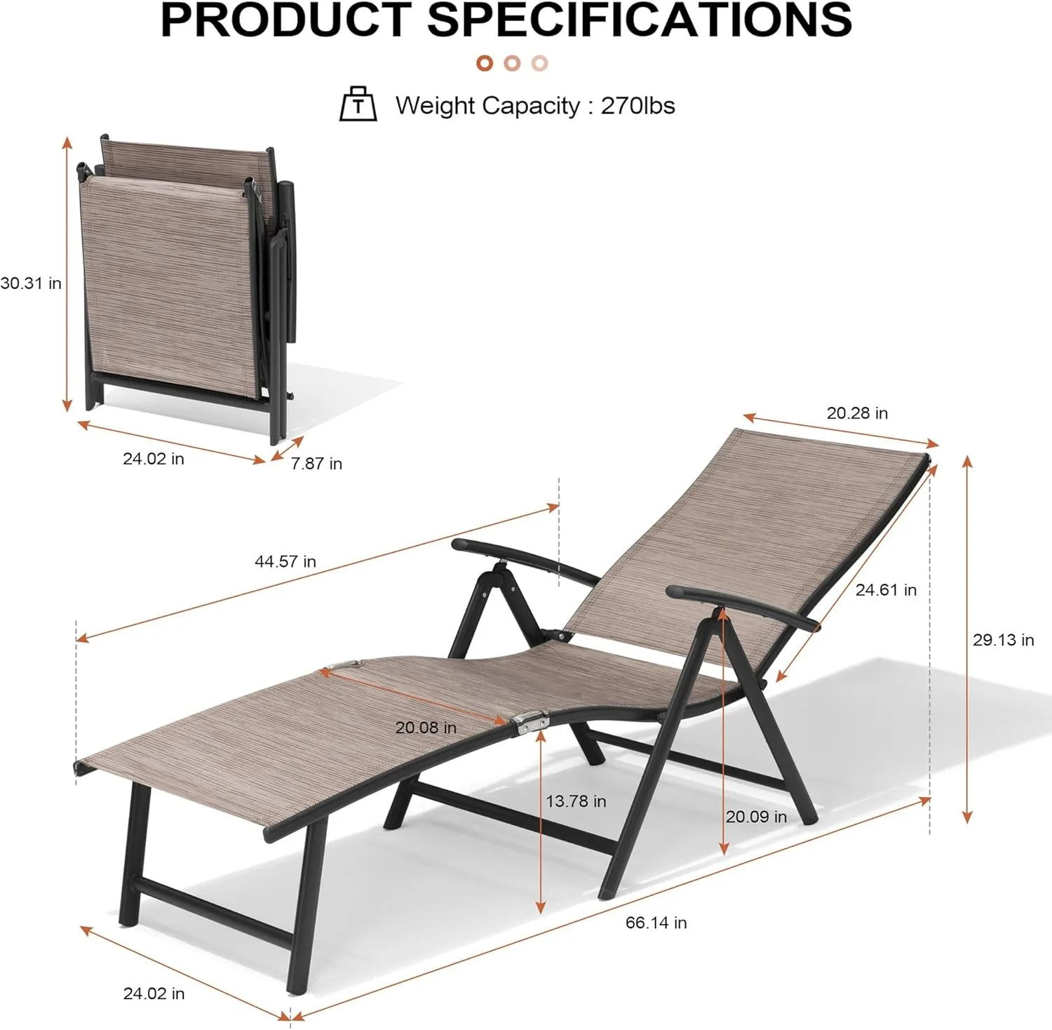 Crestlive Products Folding Patio Chaise Lounge Chair Outdoor, Aluminum Adjustable Outdoor Pool Recliner Chair, Assemble-Free, 8 Positions
